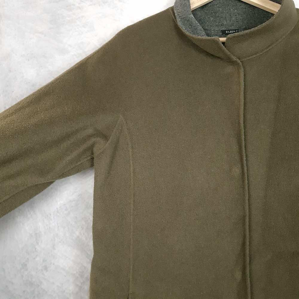 Eileen Fisher Coat Womens M Green Wool Snap Front Collared Mid Length Overcoat - Picture 4 of 16